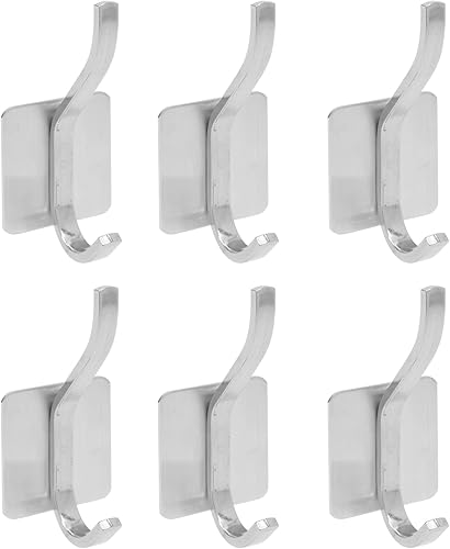Ganchos de pared de doble poste para despegar y pegar, paquete de 6, acero inoxidable plateado de 3.6 pulgadas, montaje sin herramientas, ganchos
