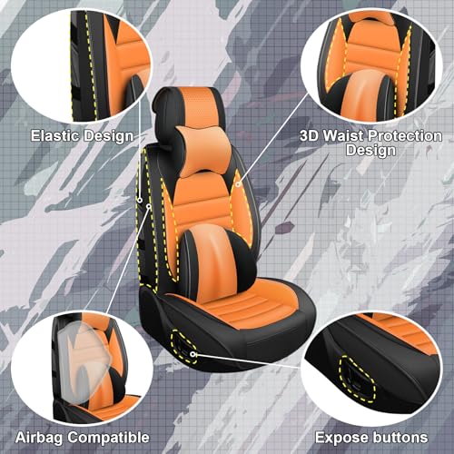 Image of Full Set Car Seat Covers for Ford F-150 F-250 F-350 XL XLT STX Lariat King Ranch Platinum Raptor Seat Covers 2007-2026, Waterproof Seat Protectors(Luxury 5 Seats /Black&Orange)
