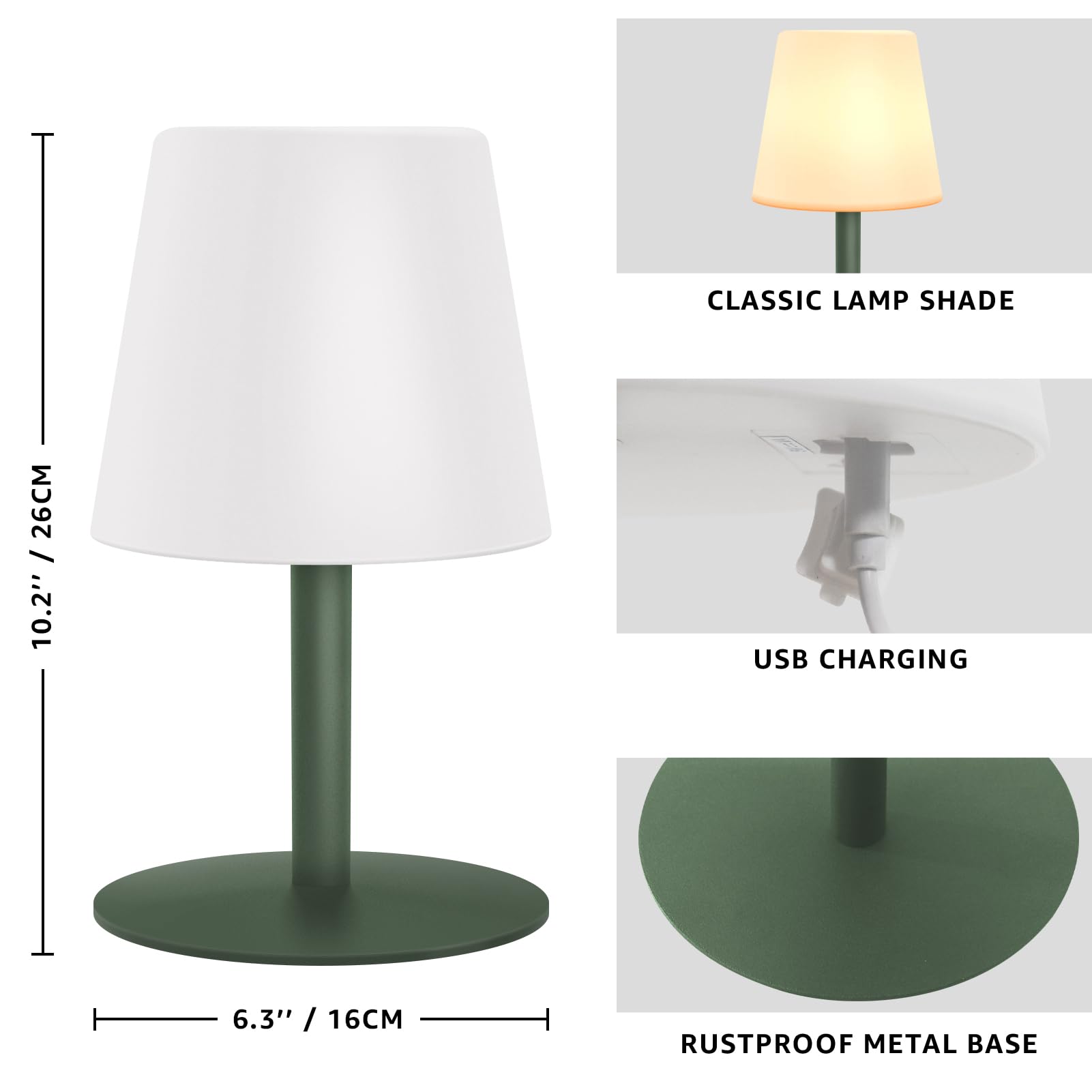 Lampe Exterieur Rechargeable 3000K ＆ 7500K 2 Luminosité Chargement USB Lampe de Table Sans Fil Lampe de Table LED IP44 Pour Terrasse Table de Repas Balcon Jardin (Gris vert)