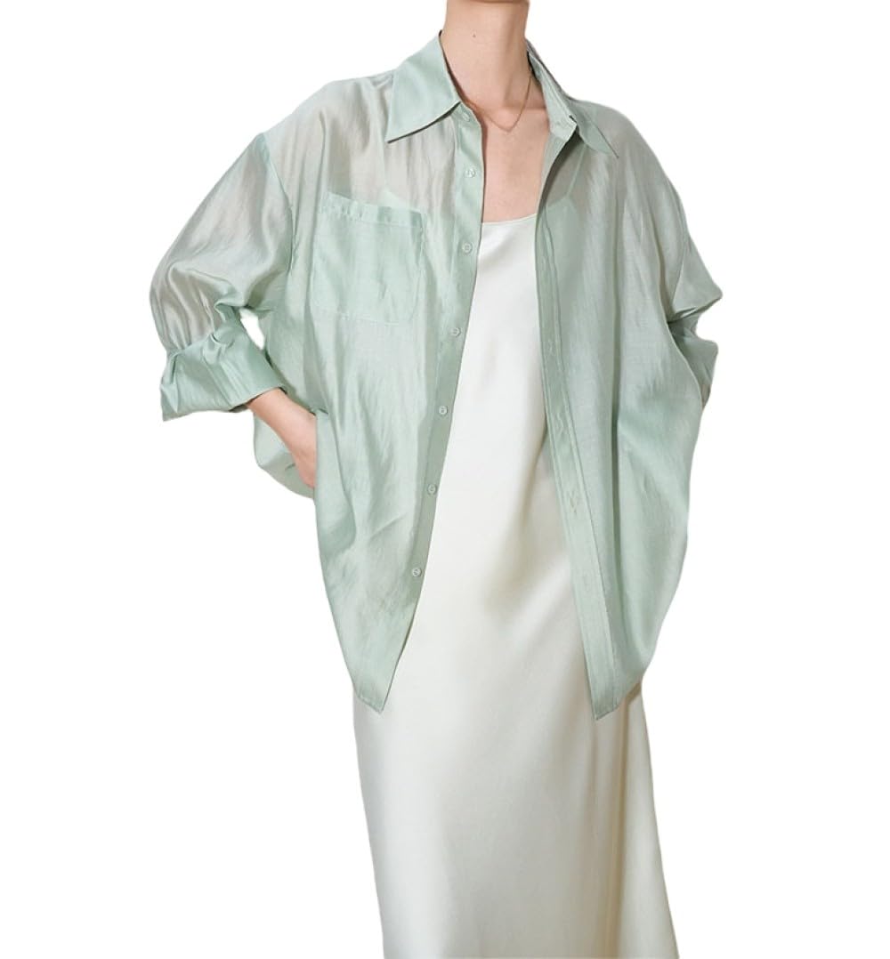 Bluse Damen Elegant,Damenbluse, Langärmlige Hemden, Hellgrün, Leichtes Hemd Mit Reversknöpfen, Durchsichtig, Überzug Mit Tasche, Elegante Strickjacke, Kimono-Arbeitshemd, Leichte Dünne Jacke