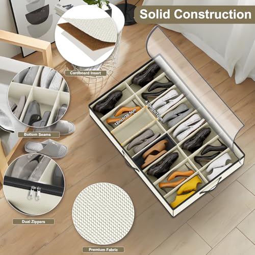 Image of homyfort 32 Pairs Shoe Organizer Under Bed, Sturdy Underbed Shoe Storage Boxes Bins, Organizador De Zapatos, Extra Large Zapateras Organizer, Beige, Set of 2