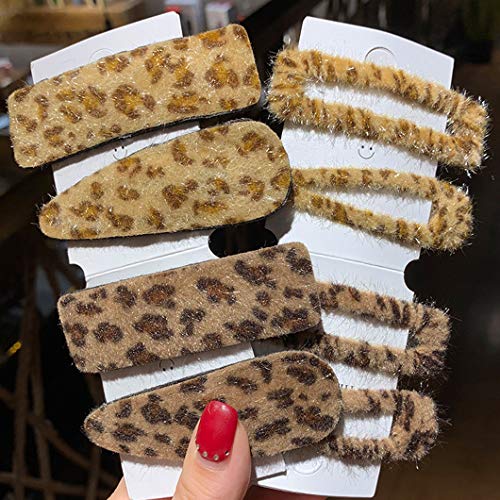 Plush Hair Clips Messen Leopard Print Barrettes Large Winter Pins Water-drop Hairpins Snap Hair Accessories for Women (8 Pieces,Leopard Print)
