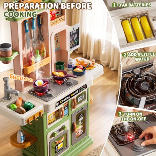 Image of Kids Kitchen Playset, 31.5 inch 73PCS Play Kitchen, with Steam, Sound & Light, Cooking Stove, Play Sink, Oven, Play Food and Toy Kitchen Accessories, Pretend Play Toys for Girls Gift