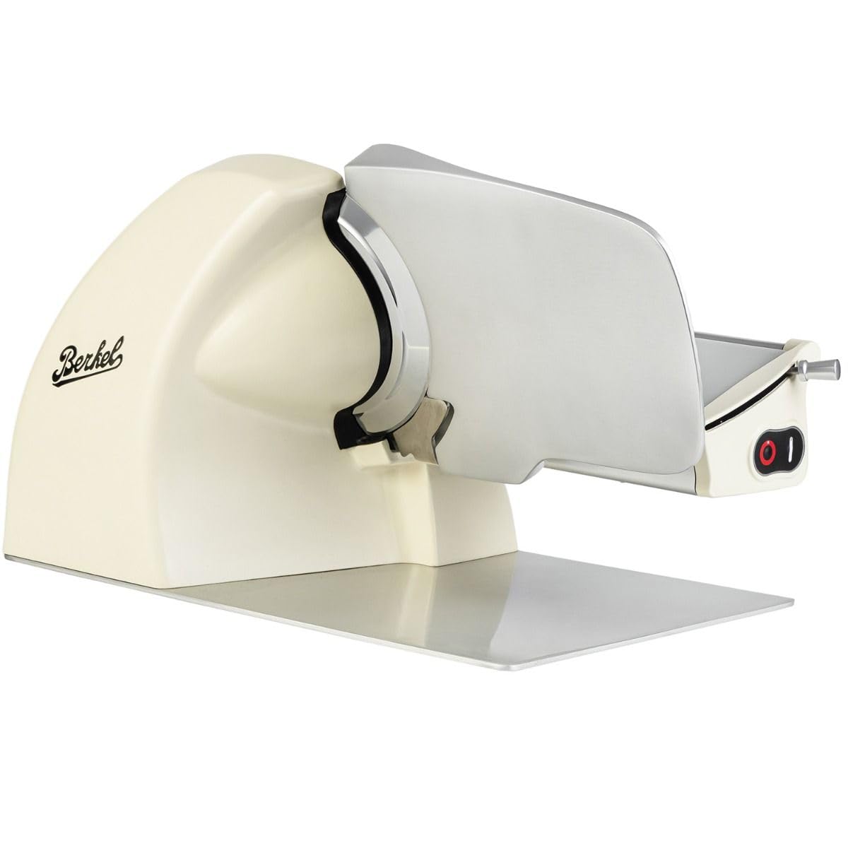 Berkel Home Line 200 Plus in Creme Matt mit handgemachtem Eichenholzbrett – Hochwertiger Schinken- und Wurstschneider für präzise Schnitte, modernes Design und robuste Handwerkskunst