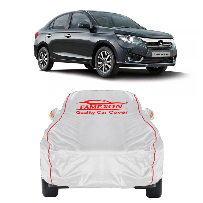 Image of Full Body Car Cover for Honda Amaze with Mirror and Antena Pocket Triple Stiched(Silver with Red Piping)