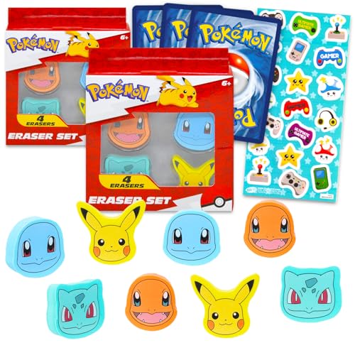 Pokemon Juego de recuerdos de fiesta: paquete con 8 borradores Pokemon con tarjetas Pikachu, Squirtle, Bulbasaur, Charmander Plus, más | Kit de suministros de fiesta Pokemon para niños, niñas