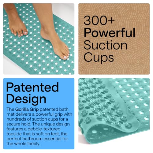 Image of GORILLA GRIP Patented Bath Tub Shower Mat, Machine Washable Bathtub Floor Liner Mats, Suction Cups and Drain Holes to Keep Tubs Clean, Soft on Feet, Bathroom Essentials, 35x16 Inch, Turquoise Opaque