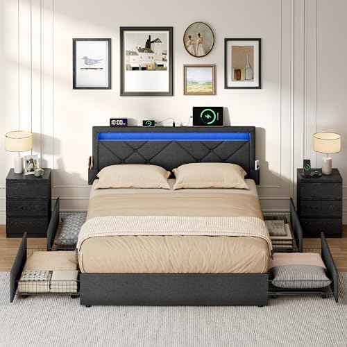 VASAGLE Double Bed Frame with LED Lights Adjustable Headboard Platform Bed with Underbed Storage Drawers USB-A and USB-C Ports 500 kg Weight Capacity No Box Spring Needed Slate Grey RMB926GN01