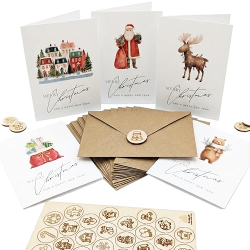 Christmas Cards Set of 30 with Laser Engraved Wooden Pulp Se