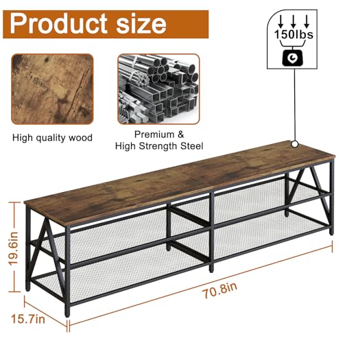 Image of 70 inch TV Stand for TVs up to 75 Inch with 3-Tier Storage Shelves | Brown Modern 70 inch Long Industrial TV Console Table, Entertainment Center for Living Room, Bedroom