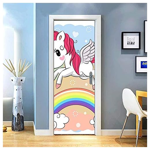 FDASLJ Dörrmålning Självhäftande 3D Självhäftande Badrum Kök Väggklistermärke Dörrklistermärke Set 77X200CM Tecknad Film Regnbåge Häst Vingar