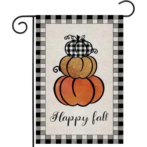 Surfapans Happy Fall Garden Flag 12x18 Inch Double Sided Autumn Pumpkins Small Yard Outdoor Buffalo Plaid Burlap Check Flags Seasonal Outside Thanksgiving Holiday Porch Decoration