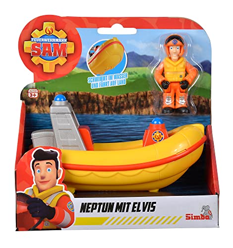 Simba 109252584 Sam Neptun Bombero con Elvis, Conduce en Tierra y Flota en el Agua, Barco 17 cm, Figura 7 cm, a Partir de 3 años