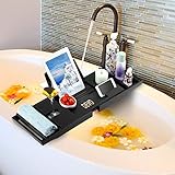DEVO Bathtub Caddy Tray Adjustable Bamboo Wooden Bath Organizer Tray for Tub with Extending Sides, Book and Wine Holder, One or Two Person Luxury Spa or Reading, Bonus Free Soap Holder