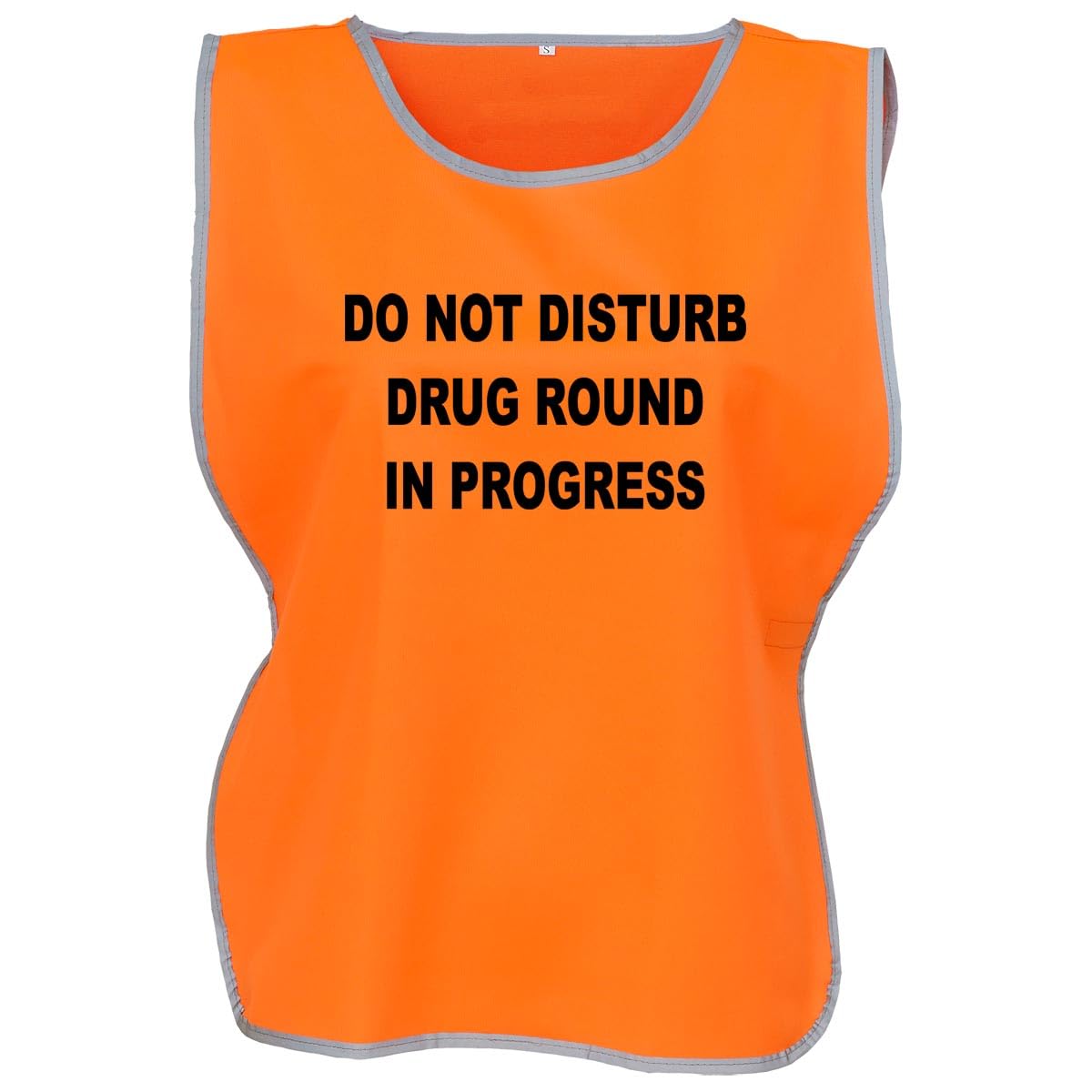 Workwear World 'Drug Round In Progress' Front/Back Printed Text Hi Vis Reflective Trimmed Border Medical Care Home Tabard (UK, Alpha, L, XL, Regular, Regular, Orange/Black Print)