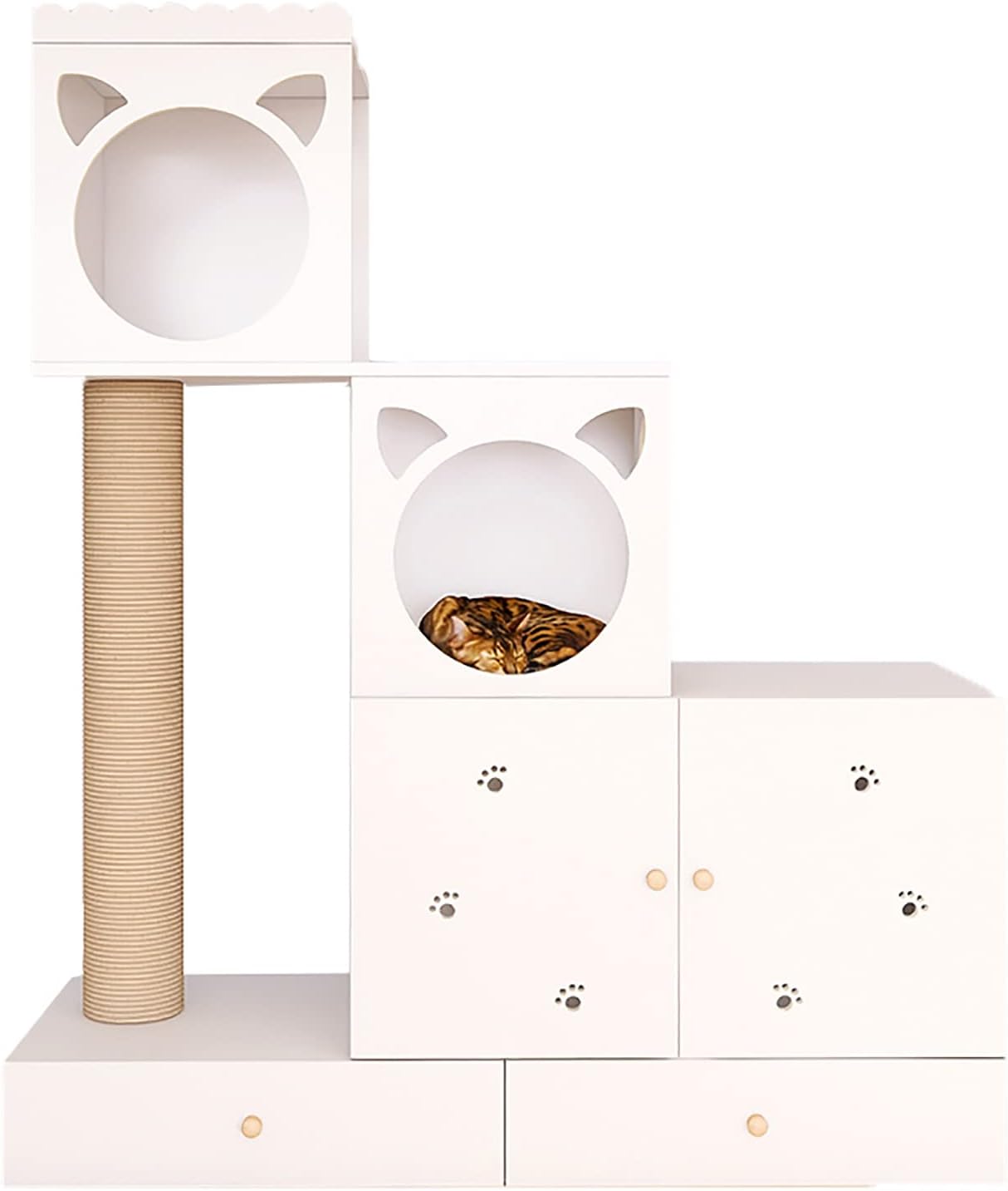 CAYJ Torre de árbol de gato multifuncional de tres capas, con pilares de sisal y ganaderías de madera maciza, con cajones para almacenar artículos Marco de gato