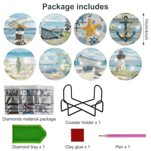 Image of HASTHIP 8 Pcs Diamond Painting Coasters Kits, Exquisite Diamond Painting Coasters with Holder, DIY Art and Crafts for Adults Kids Style Acrylic Beach Style Coaster DIY Art Kit for Adults Home Decor