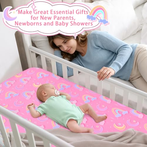 Image of JISEN Baby Fitted Crib Sheets for Boys Girls 52x28 Inch Pink Rainbows