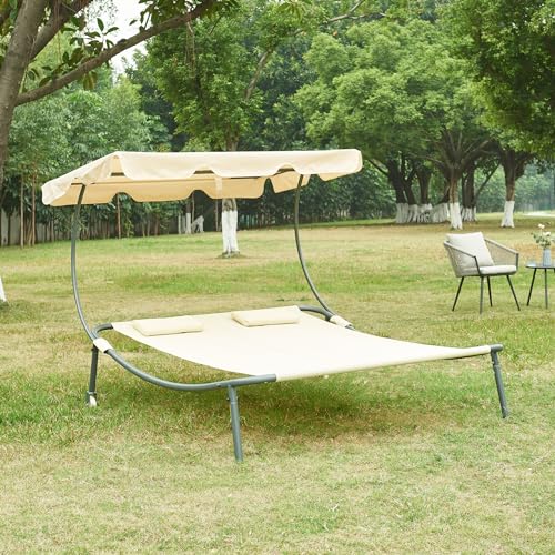 casa.pro Tumbona Jardín Exterior para 2 Personas Cama Solar Doble Independiente con Ruedas 2 Cojines y Parasol Toldo Ajustable Acero Poliéster 200x173x146cm - Beige y Antracita