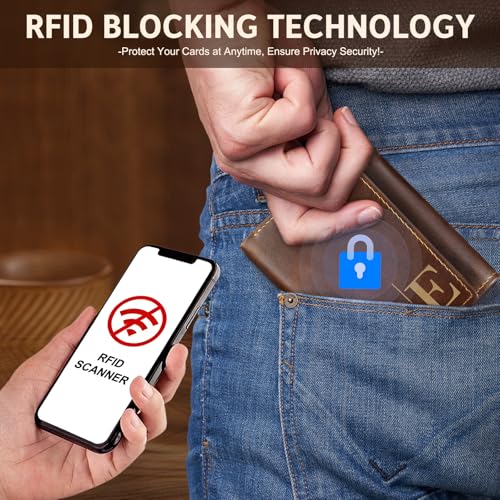 Image of Personalized Leather Wallet for Men, Custom Engraved with Name or Initials - RFID Blocking Bifold Thin Wallet, Ideal Father's Day Birthday Gift for Dad Husband, Comes with Gift Box (Tan)