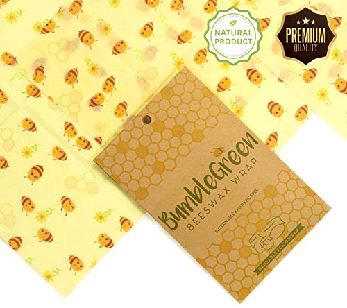 Beeswax Food Wrap with Bumble Bee, Pack of 3 Organic Reusable Wrapper, All-Natural Biodegradable Food Grade Storage Beeswax Cloth, Eco-friendly and sustainable