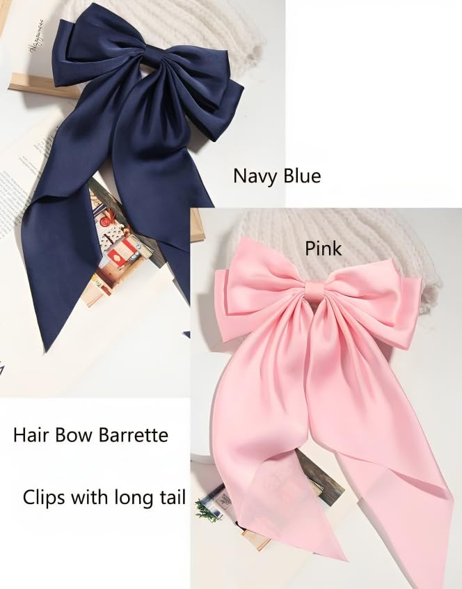Image of FilterFashion Big Satin Layered Hair Bows for Women Girls 11.5 Inch Barrette Hair Clip Long Back Ribbon Bows French Style Hair Accessories (NavyBlue,BabyPink)