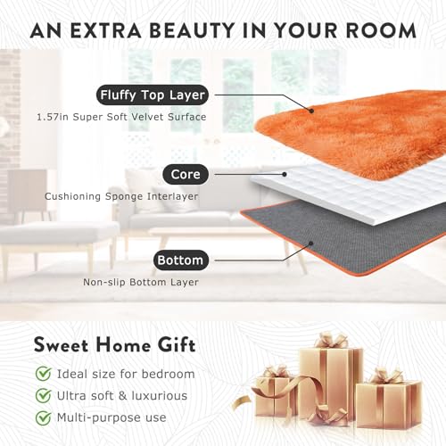 Kids Rugs for Bedroom, 5x7 Fluffy Shaggy Rugs for Living Room, Soft & Non Slip Fuzzy Orange Tie Dye Shag Rug for Girls Room Dorm Home Decor, Modern Indoor Floor Rug