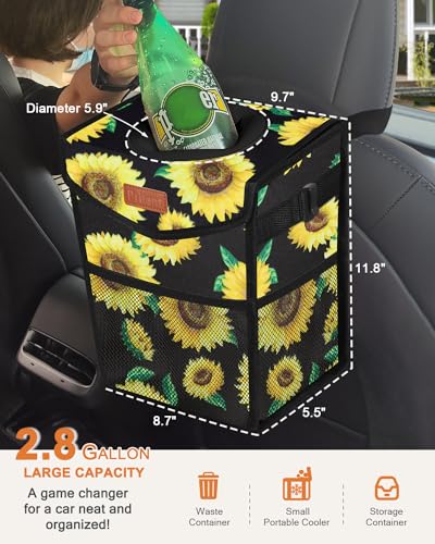 Image of Pritent Car Trash Can with Lid, Cute Leakproof Car Trash Garbage Bag Hanging Vehicle Trash Bin Small Portable Automotive Garbage Cans Organizer for Back /Front Seat /Console(2.8 Gallons,Sunflower)