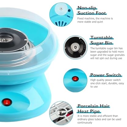 Zuckerwattemaschine Retro Cotton Candy Machine: Zuckerwatte Maschine mit Stäbchen und Messlöffel, Zuckerwatte Zucker Set Höhe 27 cm für Zuhause Kindergeburtstag Party Blau – Bild 4