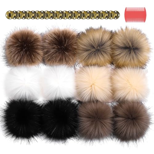 10 CM Pompoms for Knitted Hats, 12pcs Faux Fur Pom Poms with Snap Button - DIY Mixed Color Faux Fox Fur Pompoms Ball for Knitting Garments Accessories (Classic Style)