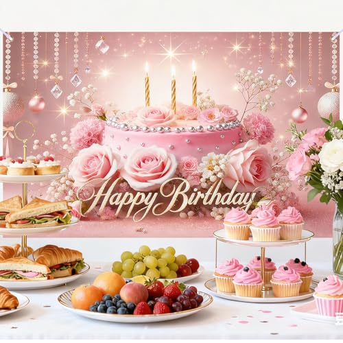 Image of Nuxovilar Luxury Birthday Banner Backdrop 71 inchx43 Polyester | Elegant Pink & Gold Floral Banner poster photo backdrop milestone decoration birthday hanging yard lawn living room