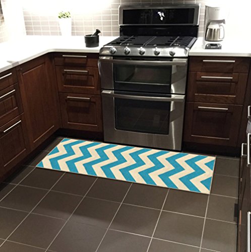Kapaqua Rubber Backed 20" X 59" Rich Chevron Light Blue & Ivory Zig Zag Runner Non-Slip Rug - Rana Collection Kitchen Dining Living Hallway Bathroom Pet Entry Rugs Ran2066-25 #TOP2