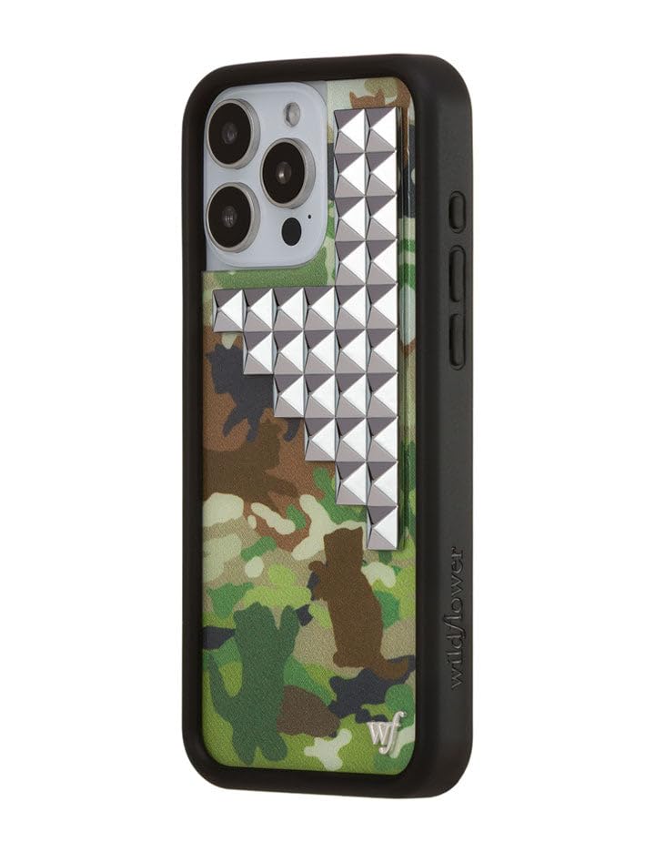 Image of Wildflower Cases - Compatible with iPhone 16 Pro Max | Protective Black Bumper, 6.5ft Drop Test Certified, Women Owned Small Business | Camouflage Original Silver | Stud Pyramid Collection - Cat Camo