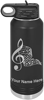 LaserGram Personalized Water Bottle, Musical Notes, Stainless Steel Double Wall Vacuum Insulated with Flip Top Straw, Custom Engraved Gift (32oz / 950ml Black)