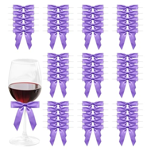 Satin Ribbon Purple Bow Decor 2.5" Premade Purple Twist Tie Bows for Gift Wrapping Bow for Treat Bags Party Favors Wedding Decorations - 50 Counts
