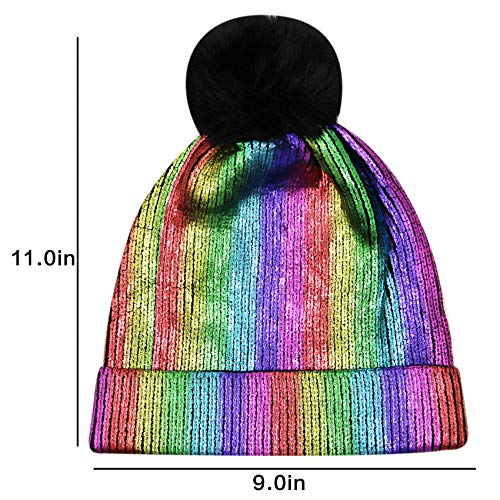 Women Girls Metallic Winter Hat Soft Warm Knitted Beanie Pom Pom Skull Cap (Colorful) #TOP6