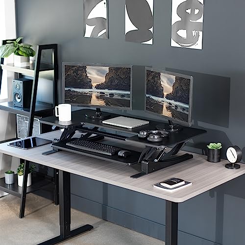 Image of VIVO Black 48 inch Standing Desk Converter, DESK-V048V | Extra Large, Height Adjustable, Stand Up Desk Riser, Wide Keyboard Tray, Dual Monitor and Laptop Workstation, V Series