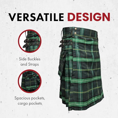 UT Kilts Men's Standard Tartan Utility Kilt, Modern Scottish Kilt for Everyday Wear, Tactical Kilts with Adjustable Hip Straps & Cargo Pockets for Men, Celtic, 50" Waist