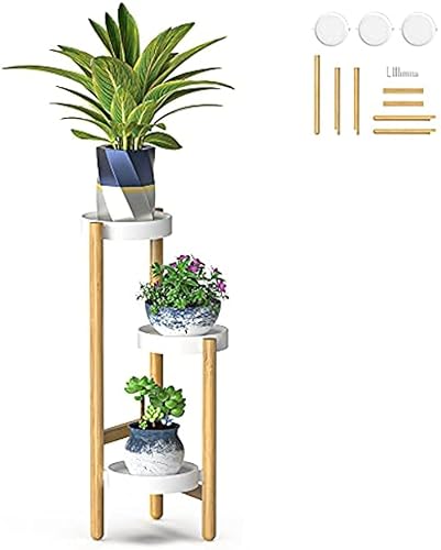 天然竹製三角フラワースタンド、3階建ての高角の絶妙な笹の展示スタンド、バルコニー、寝室、屋外の庭の植物の展示スタンド(3段スタンド) (65.5cm)
