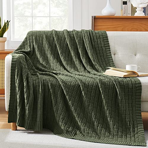 Image of TREELY 100% Cotton Knitted Throw Blanket 60 x 80 Inches, Green Forest