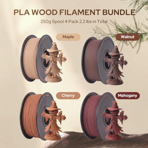 Image of Wood PLA Filament Bundle, 3D Printer Filament Wood Filament 1.75mm PLA Filament,Individually Vacuum Packed, 250g*4 Spools, Maple+Cherry+Walnut+Mahogany