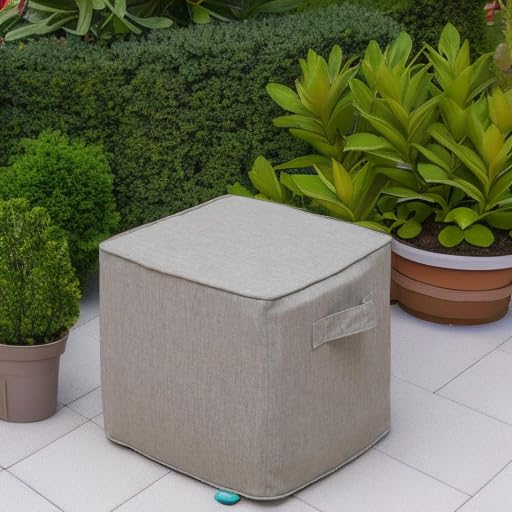 Image of QILLOWAY Inflatable Outdoor Ottoman for Patio, Water Resistant Pouf Cube 16 inch, Inflatable Foot Rest, Outdoor Footstool for Poolside, Garden,Camping, Tan,Grey