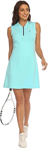 BGOWATU Women's Sleeveless Tennis Golf Polo Dress Lightweight Sports Activewear Dress Zip Up
