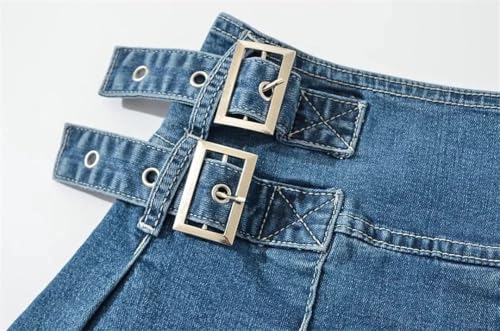 Women’S Pleated Jean Skirt with Belt High Street Short Bottoms Casual Mini Jean Skirt3