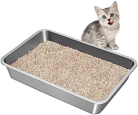 LIHONG Caja de arena de acero inoxidable para gatos, caja de arena de metal grande para gatos pequeños y grandes, sin olor, antiadherente, fácil de