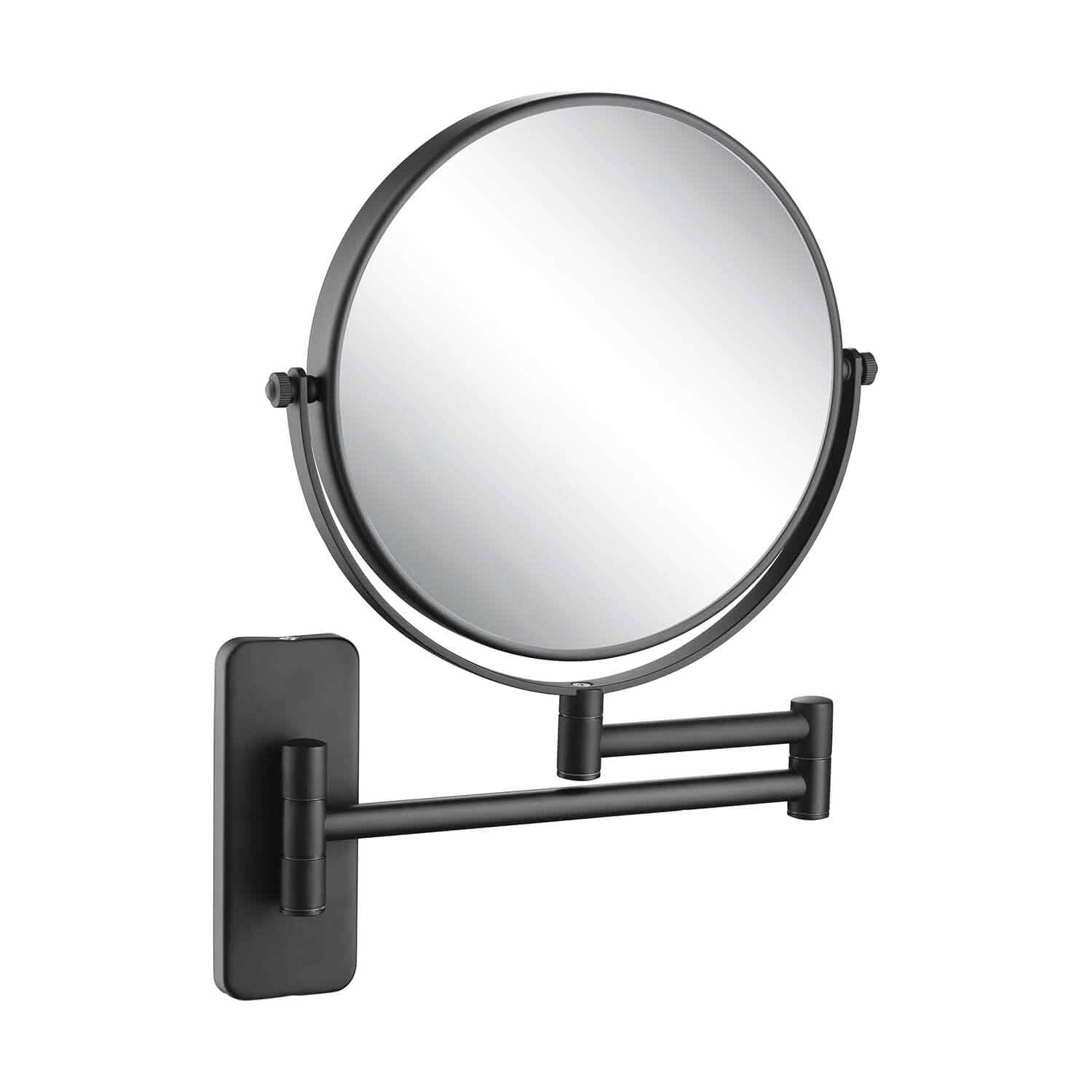 KIBI Circular Wall Mount Makeup Mirror, Dual-Sided 1x/5x Magnifying Mirror with Extendable Arm, 360° Swivel, Solid Brass Construction for Durability and Style (Matte Black - KMM100)