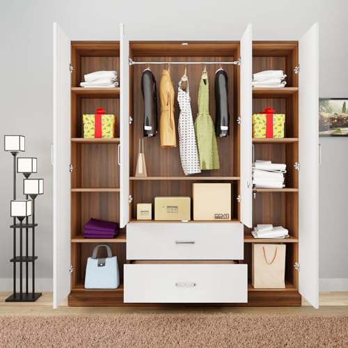 Image of VIKI Wardrobe | Wooden Almirah for Clothes,Door for Bedroom, 4 Door Wardrobe with Drawer & Hanging Space (Brussel Walnut, Frosty White - 40D x 160W x 180H) | 1 Year Warranty | Free Assembly