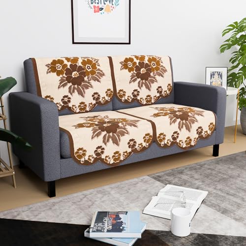 Image of Kuber Industries (Set of 4) Stylish & Durable Cotton Sofa Covers 2 Seater | Washable Sofa Protector /Mat & Slipcover for Hall, Living Room & Office | Painting Print- Cream & Brown