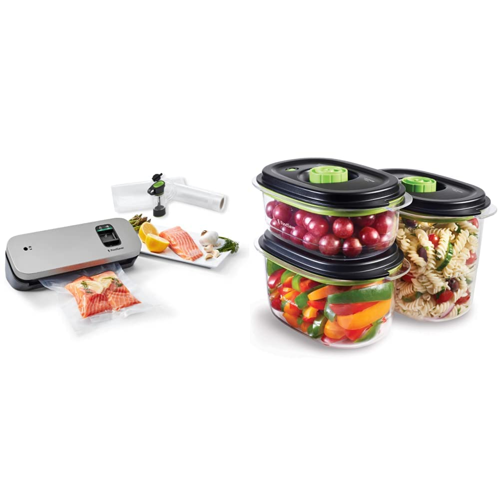FoodSaver VS1190X - Envasadora al vacío de alimentos compacta con accesorio sellador manual + FoodSaver Recipiente para conservar y marinar al vacío, Hermético, Transparente/Negro