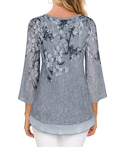 Timeson Women's 3/4 Sleeve Floral Blouses Shirts Double Layers V Neck Dressy Tunics Tops4